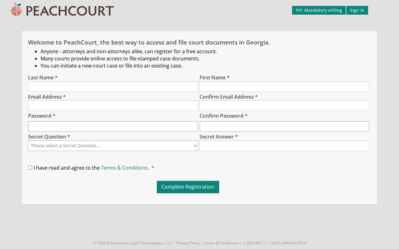 PeachCourt registration fields for Long County court record provider access