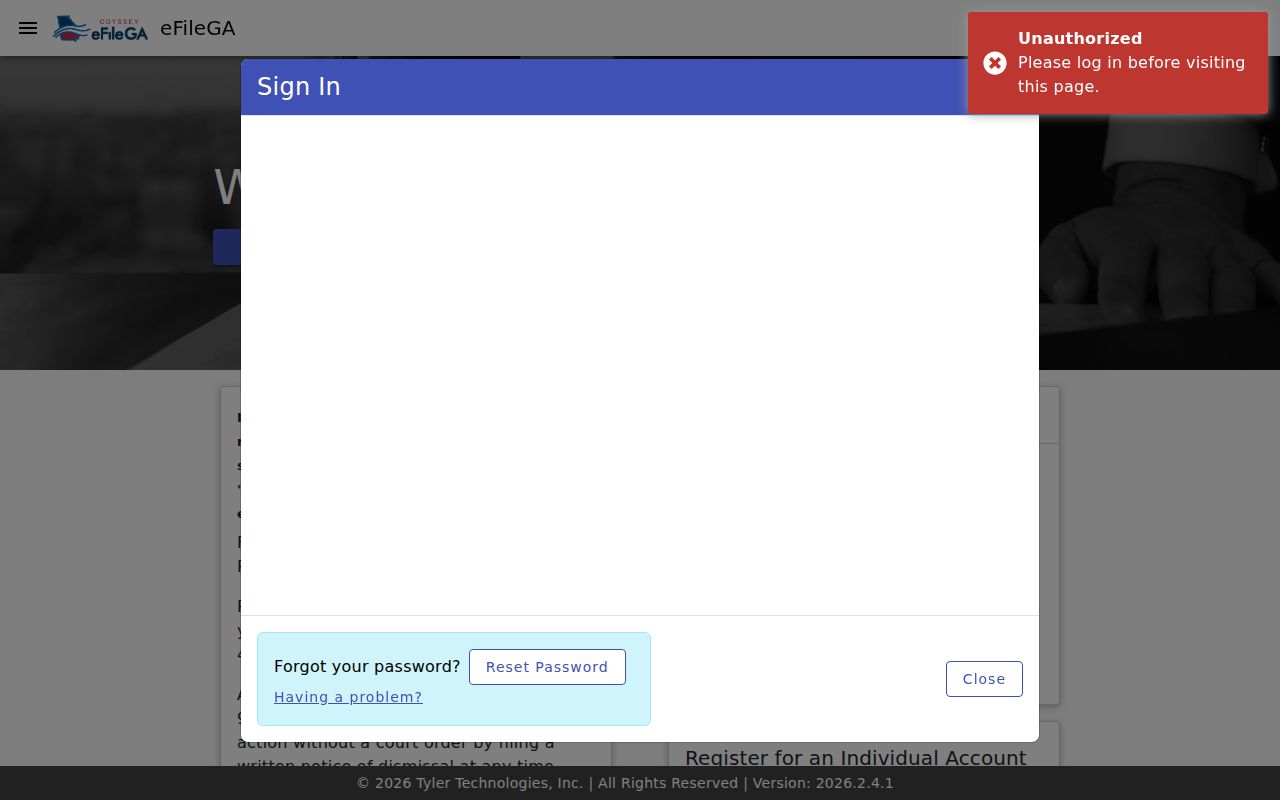 Odyssey eFileGA account gate associated with Georgia electronic filing