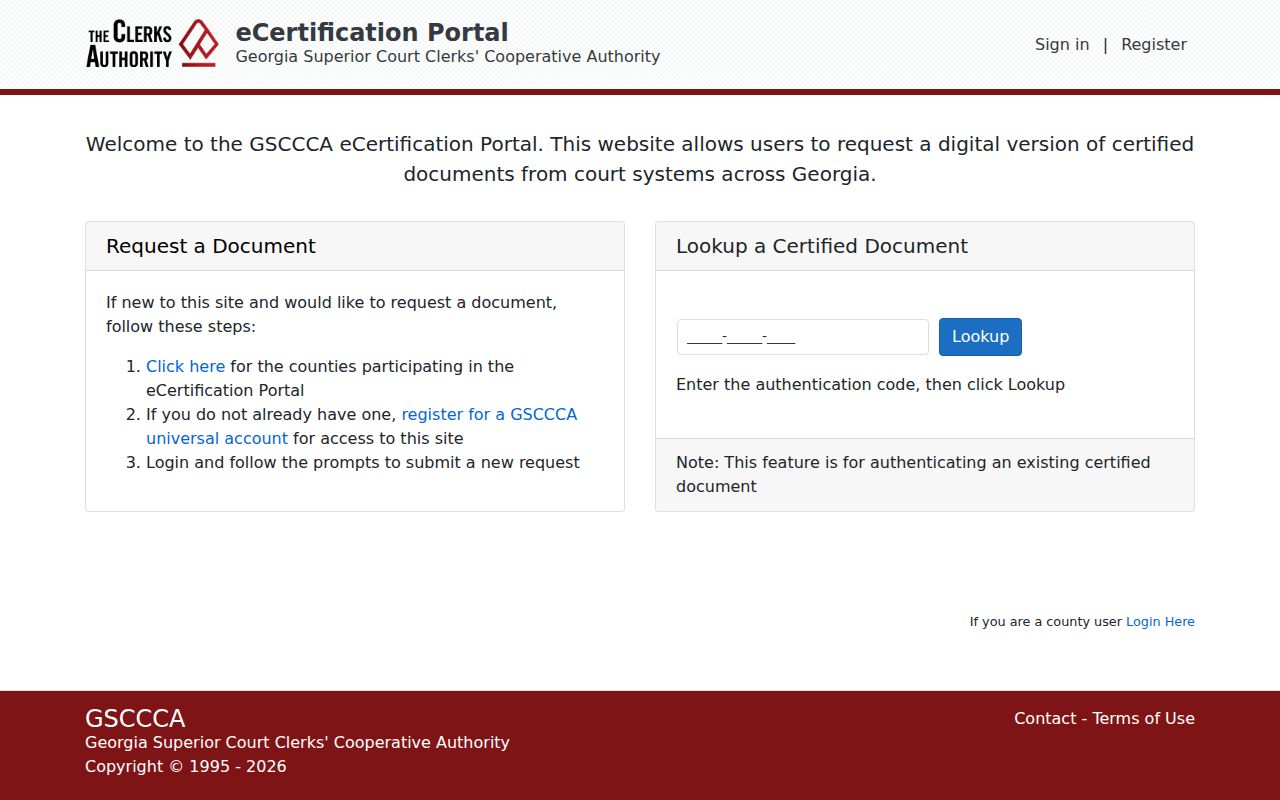GSCCCA electronic court-record certification login and authentication interface