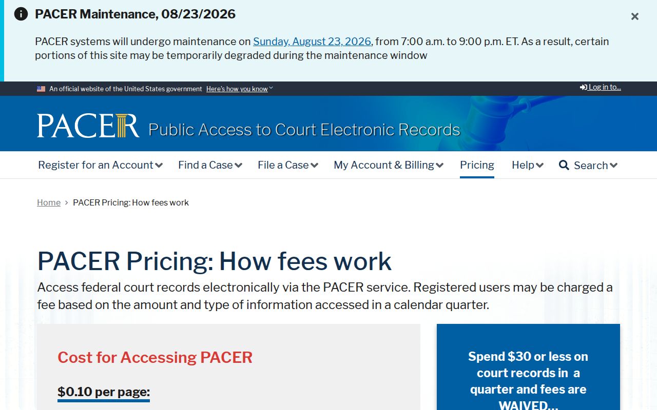 Official PACER federal court record pricing and fee waiver information