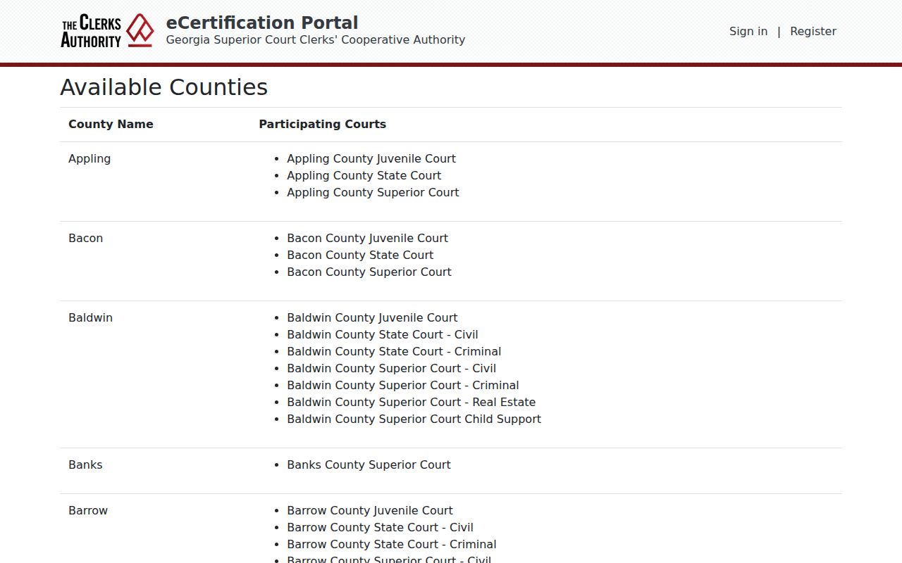 GSCCCA participating counties list showing Long State and Superior courts