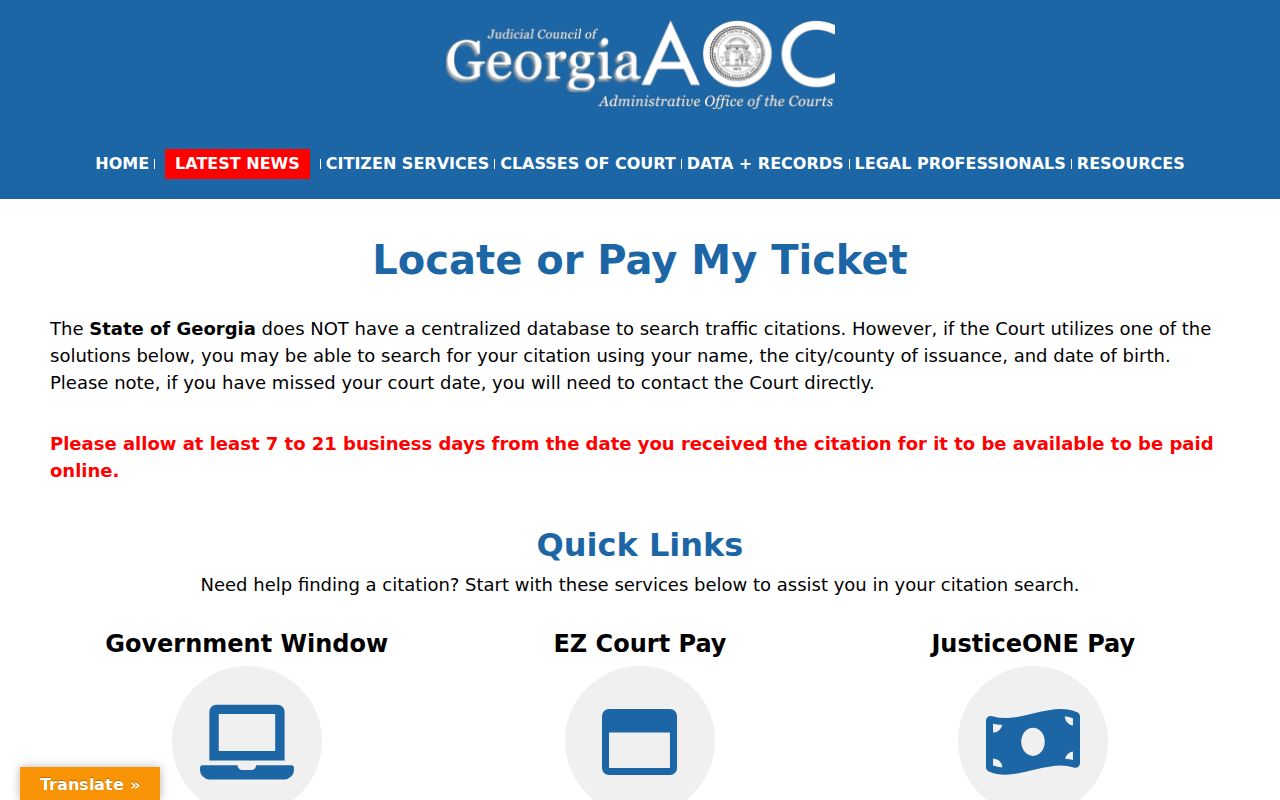 Georgia municipal traffic ticket vendor locator